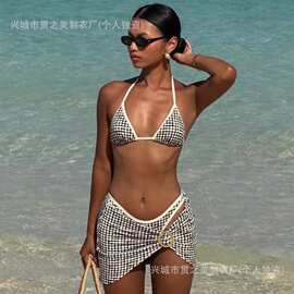 法式小清新印花格纹比基尼少女泳装温泉三件套裙式分体泳衣bikini