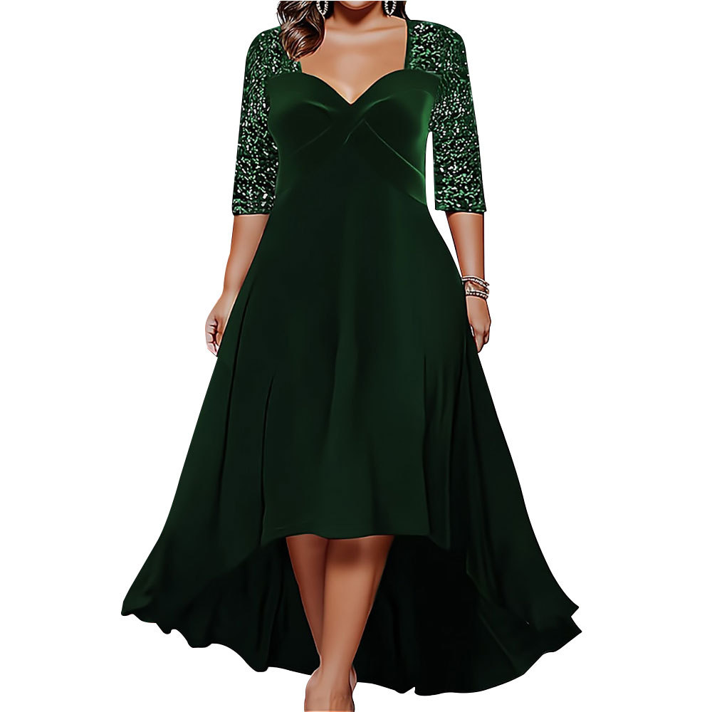 Cross-Border New European And American Style Solid Color V-Neck Sleeve Sequin Flared 2023 Autumn Winter Plus Size_ecoleips.com