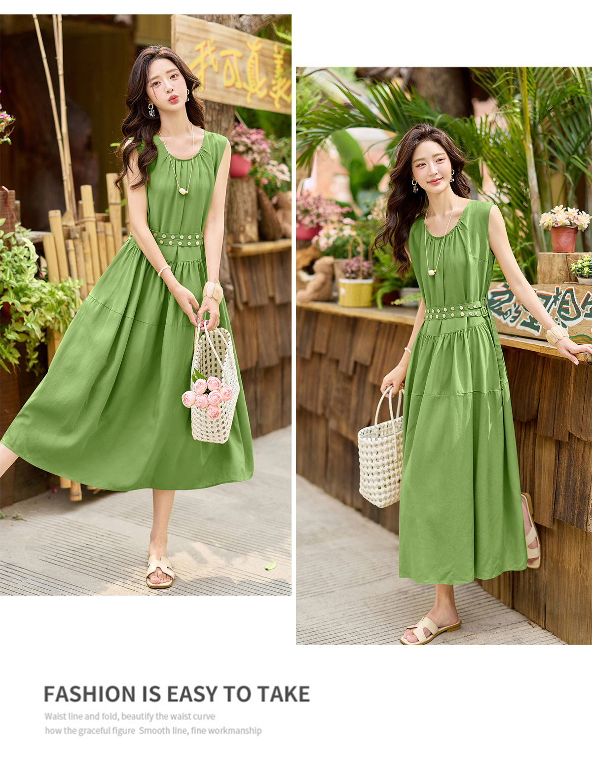 Đầm suông nữ midi không tay dáng rộng dài quá gối MJ5611 — màu trắng, xanh lá cây, màu vàng chi tiết 24