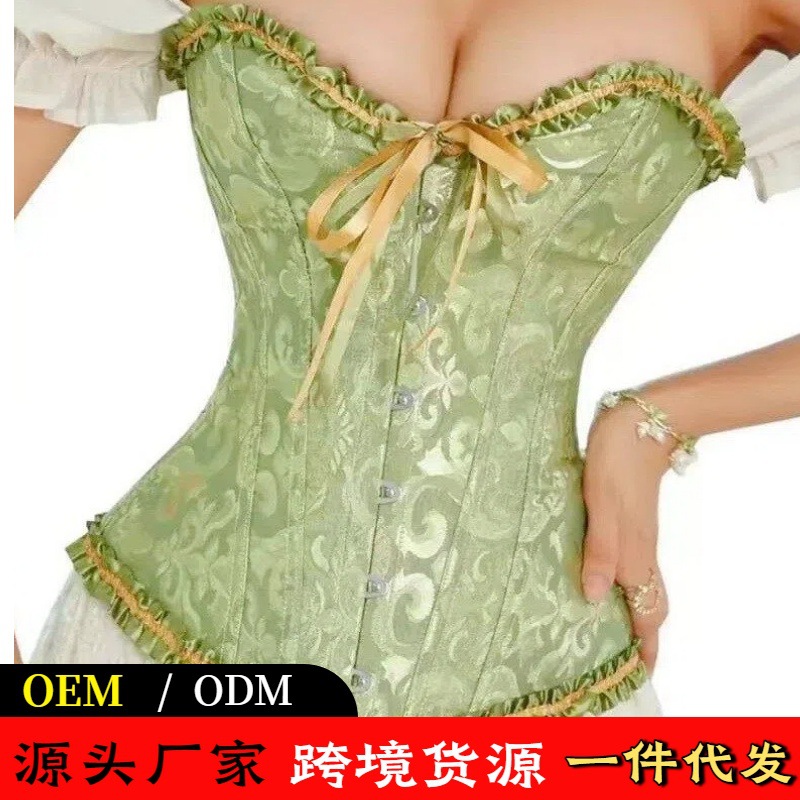 宫廷风束身衣抹胸一字领复古绸缎提花排扣塑身衣批发跨境直供货源