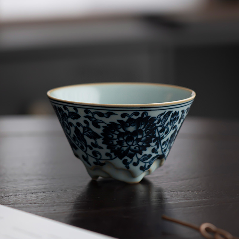 天青汝窑青花缠枝莲主人杯品茗杯开片可养功夫茶杯单杯个人杯子|undefined