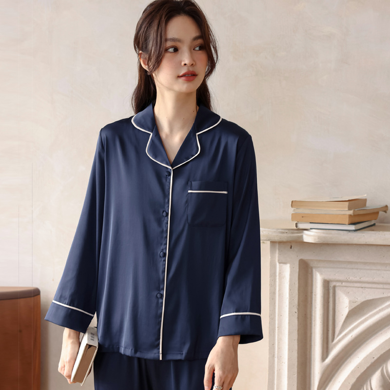 Pajamas for Women Spring and Autum Long Ice Silk Cardigan Simple Long-Sleeved Thin Couple Home Clothes Set Can Be Worn Outside in Summer