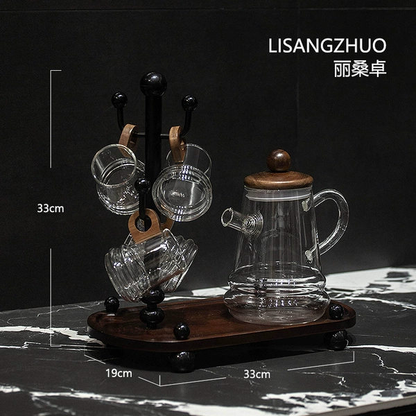 ZXY wooden handle circle water set A (1 pot, 4 cups, 1 cup holder wooden tray)