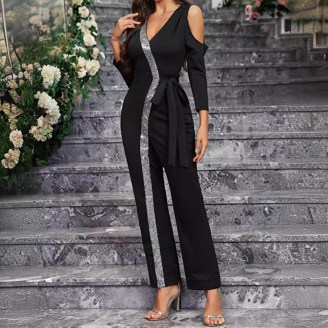 QQH primavera y verano Europa y los Estados Unidos comercio exterior nueva ropa de mujer Amazon manga larga color sólido pantalones casuales negros crossing overalls