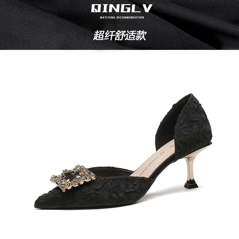 Temperamento francés, tacones altos de todo fósforo, mujeres, primavera y otoño, diamantes de imitación, tacones de aguja puntiagudos, zapatos de dama de honor, zapatos individuales diarios, sandalias Baotou, verano