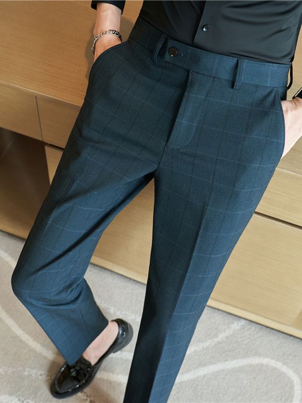 Pantalones de traje de hombre al por mayor de comercio exterior pantalones casuales de negocios pantalones de Traje a cuadros delgados sin planchar pantalones de hombre verde image 2