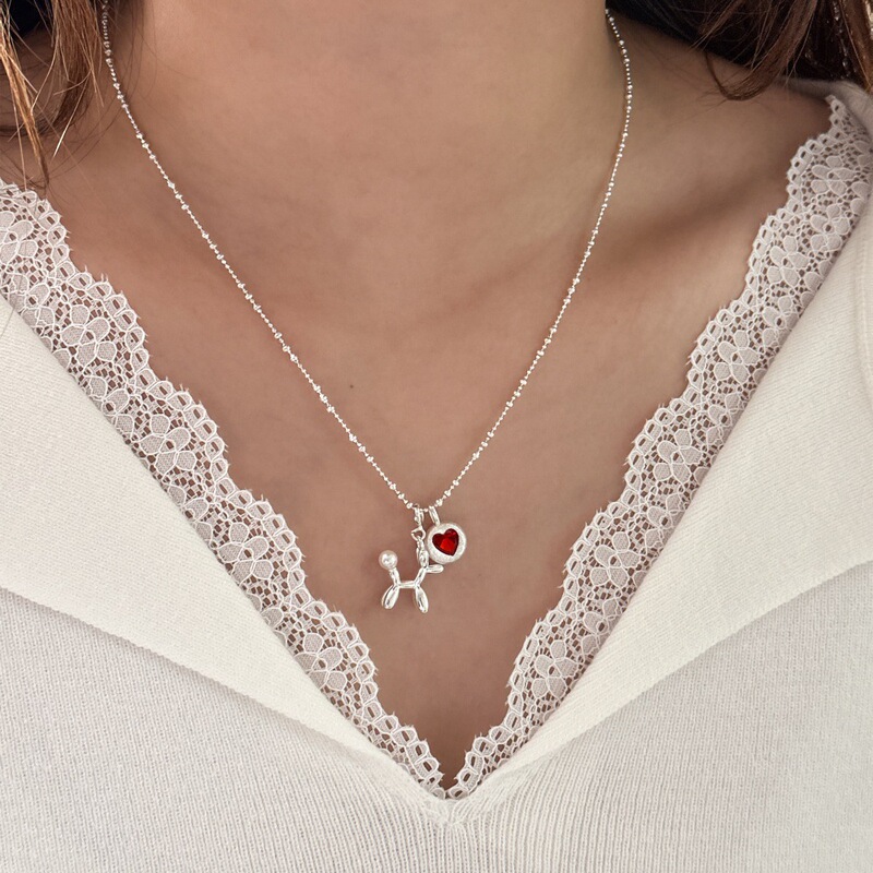 S925 Sterling Silver Playful Pearl Balloon Dog Pendant Necklace for Women, Cute Resin Strawberry Heart DIY Clavicle Chain