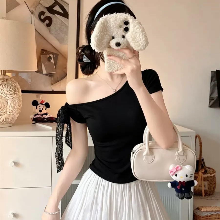 5019 ¿ nueva camiseta de manga corta de hombro inclinado empalmada con encaje de espalda expuesta en verano con almohadilla para mujeres delgadas