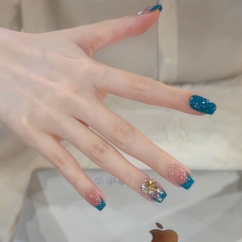 Deep Sea Blue French High-End Handmade Wearable Nails, Light Luxury, Advanced Brightening Effect, Short Detachable Nail Stickers, Wholesale Deep Sea Blue French High-End Handmade Wearable Nails, Light Luxury, Advanced Brightening Effect, Short Detachable Nail Stickers, Wholesale
