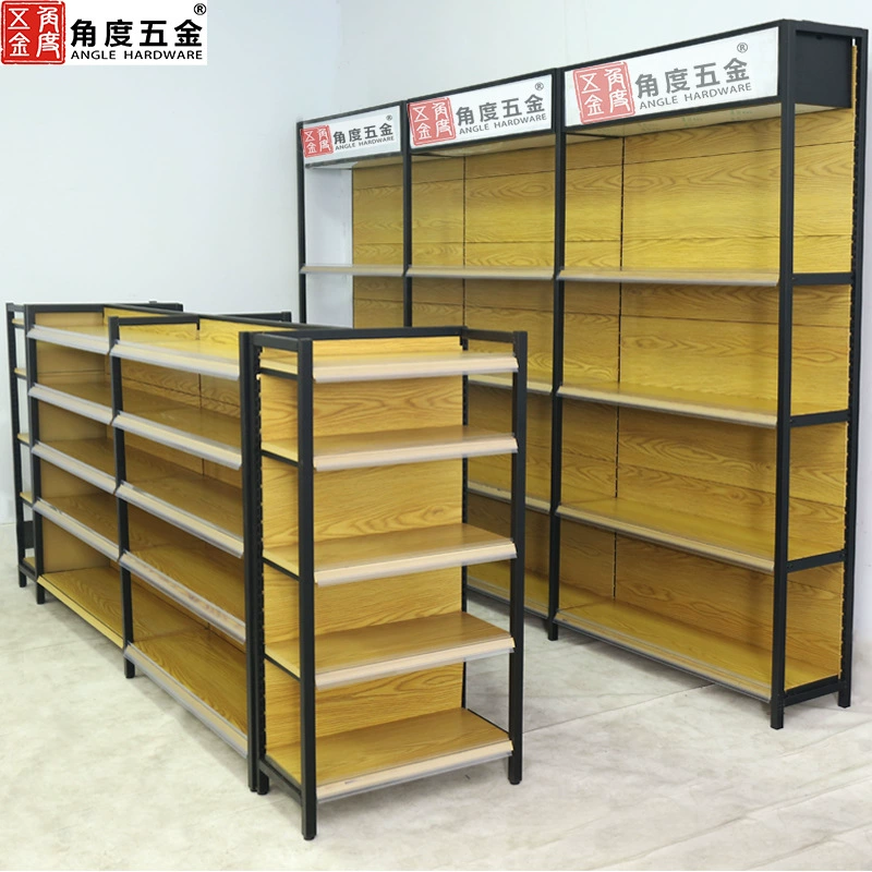 Угловая фурнитура полки для супермаркетов оптом четырехколонная древесина сталь дерево железо канцелярский магазин мать и ребенок имитация дерева витрина для зерна
