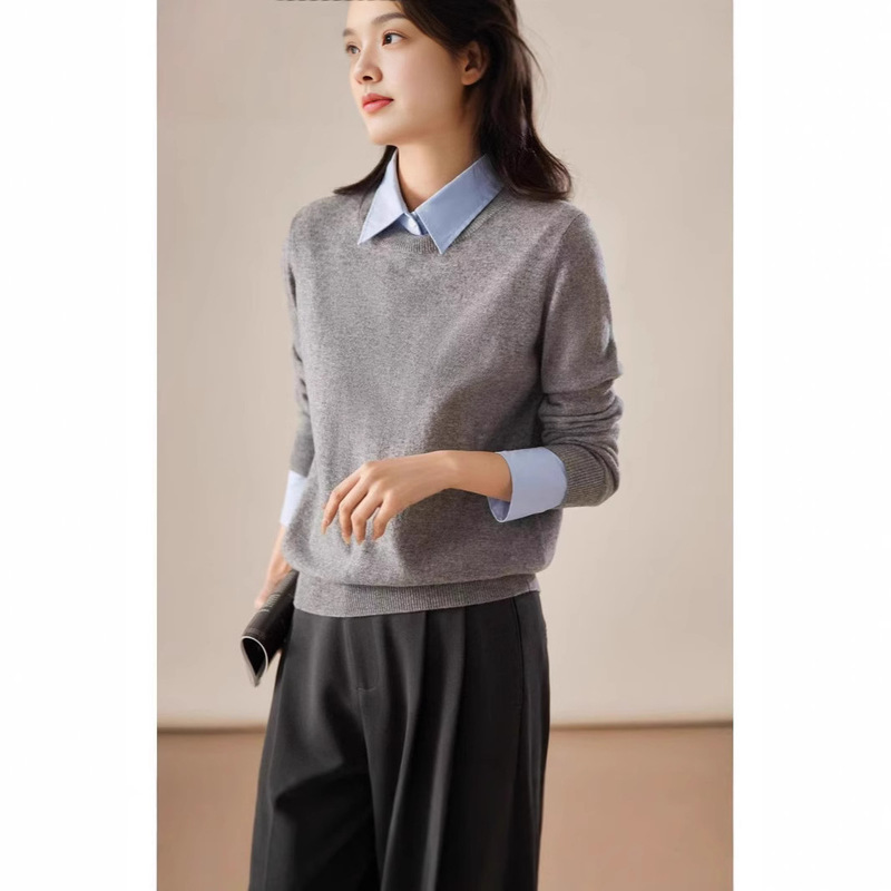 2025 New Autumn and Winter Fake Two-Piece Shirt Collar Splicing Retro Sweater Women's Fashion Cashmere Knitted Bottoming Shirt Top