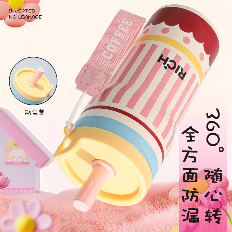 新しいコーヒーアイスカップ、大容量ストロー断熱カップ、持ち運び用ロープ付き、高品質のステンレススチール製ウォーターカップ、ポータブルカップ|undefined