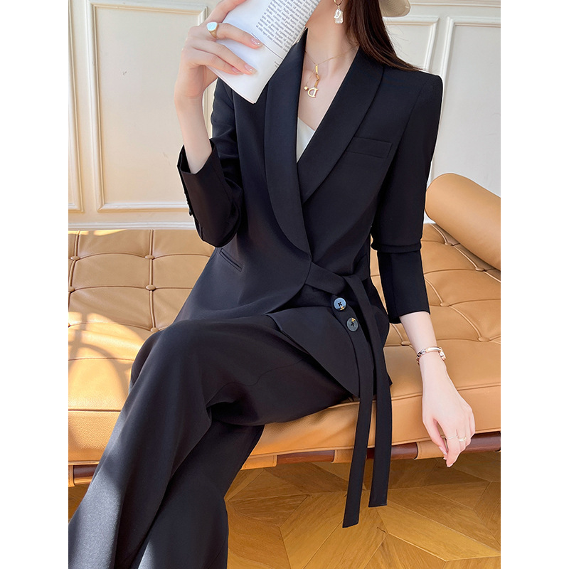 2023 New Autumn and Winter Black Fashionable Women's High-End Suit Two-Piece Strappy Wide-Leg Pants for Formal Occasions 2023 New Autumn and Winter Black Fashionable Women's High-End Suit Two-Piece Strappy Wide-Leg Pants for Formal Occasions