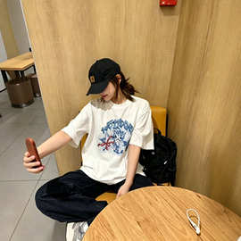 WE11潮牌小众春夏Amber猫咪珍珠项链水彩印花短袖T恤宽松半袖