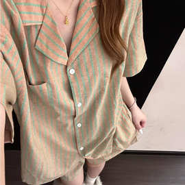 甜美韩版慵懒风条纹开衫睡衣女夏季舒适短袖短裤家居服套装可外穿