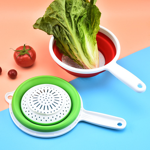 Multifunctional folding plastic drain basket with handle, round drain basket, retractable vegetable washing basket, fruit basket