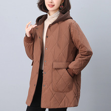 棉服女中长款2024冬季新款宽松大码中年妈妈休闲连帽加厚保暖棉衣