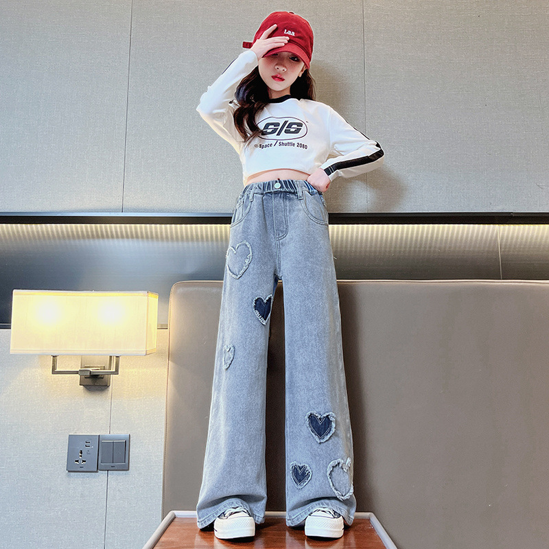 소녀 청바지 봄과 가을 유행 서양식 봄 큰 어린이 넓은 다리 바지 유행 바지 봄 인터넷 연예인 거리 튀긴 어린이 바지