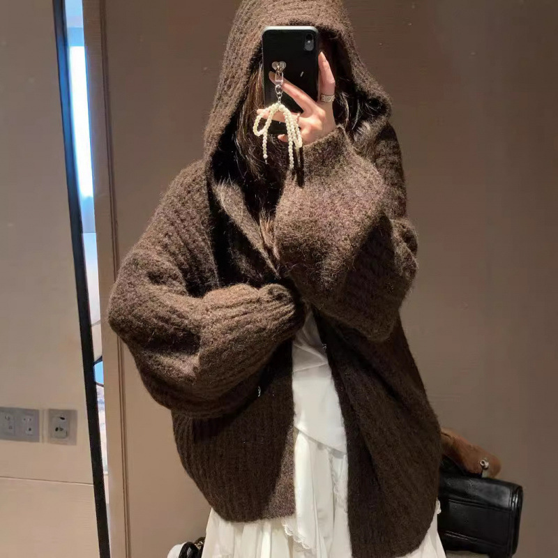 Retro Alpaca Hooded Sweater Cardigan for Women Autumn and Winter Mid-Length Thickeneded Knitted Jacket Loose Lazy Style Top