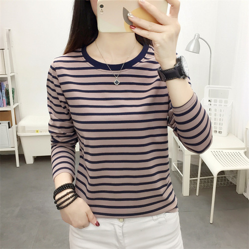 2024 new large size loose cotton long-sleeved T-shirt women's middle-aged mother autumn striped bottoming shirt top