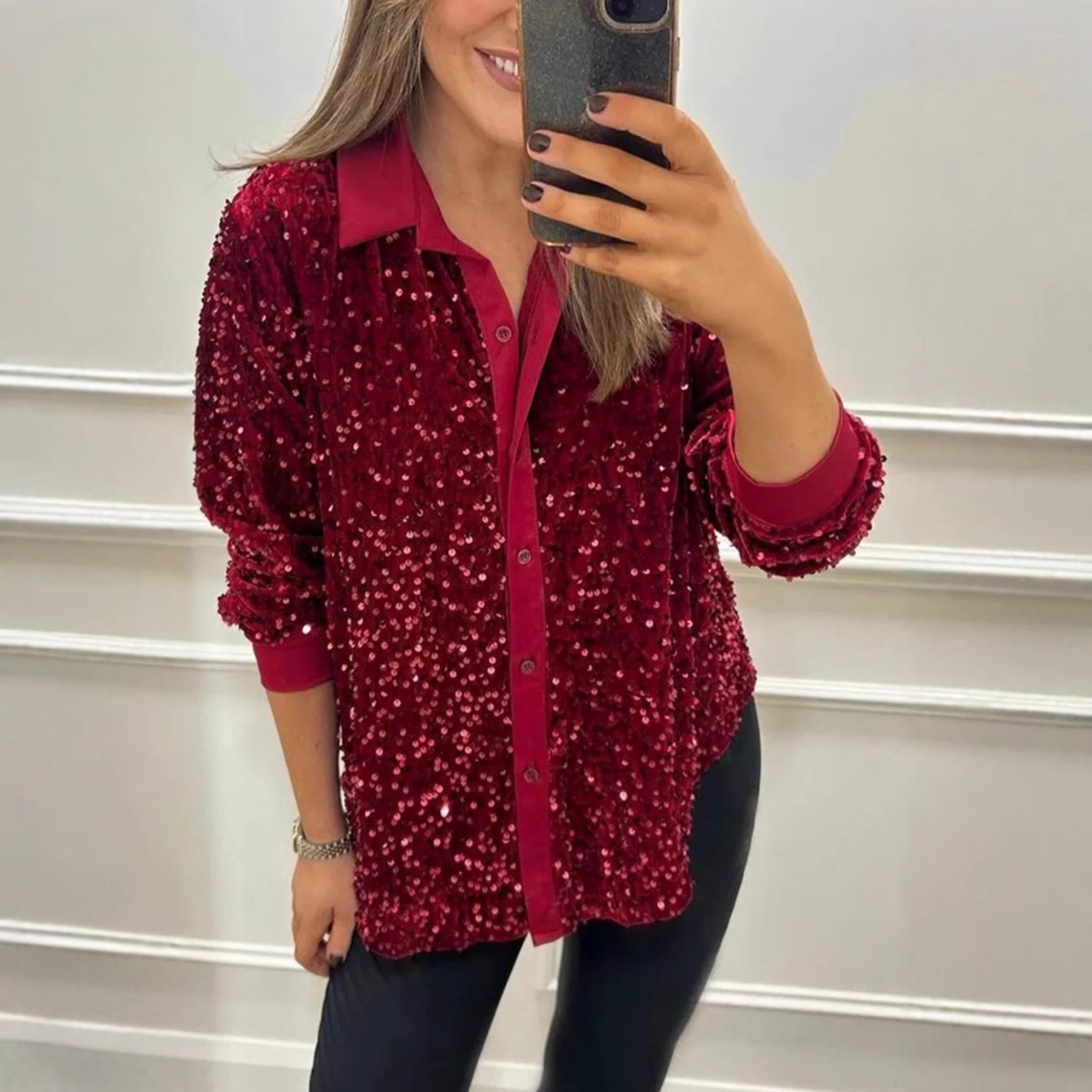​​Glitter Collar Button-Up Shirt – Winter Trendy Blouse With Sequin Detailing (Breathable Polyester, Comfort Stretch, Elegant & Edgy Style)​​_voghion.com