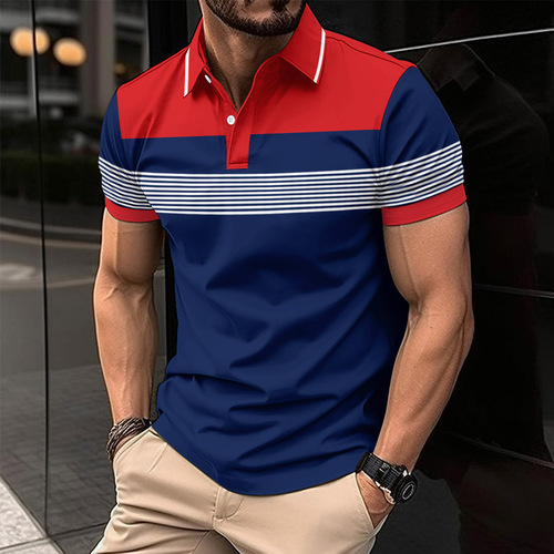 Summer men's new digital printed lapel button business all-match T-shirt