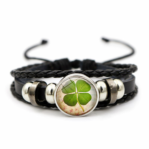Crystal Four-Leaf Clover Leather Bracelet for Women, Versatile Time Gem Beaded Bracelet, Green Lucky Grass Jewelry