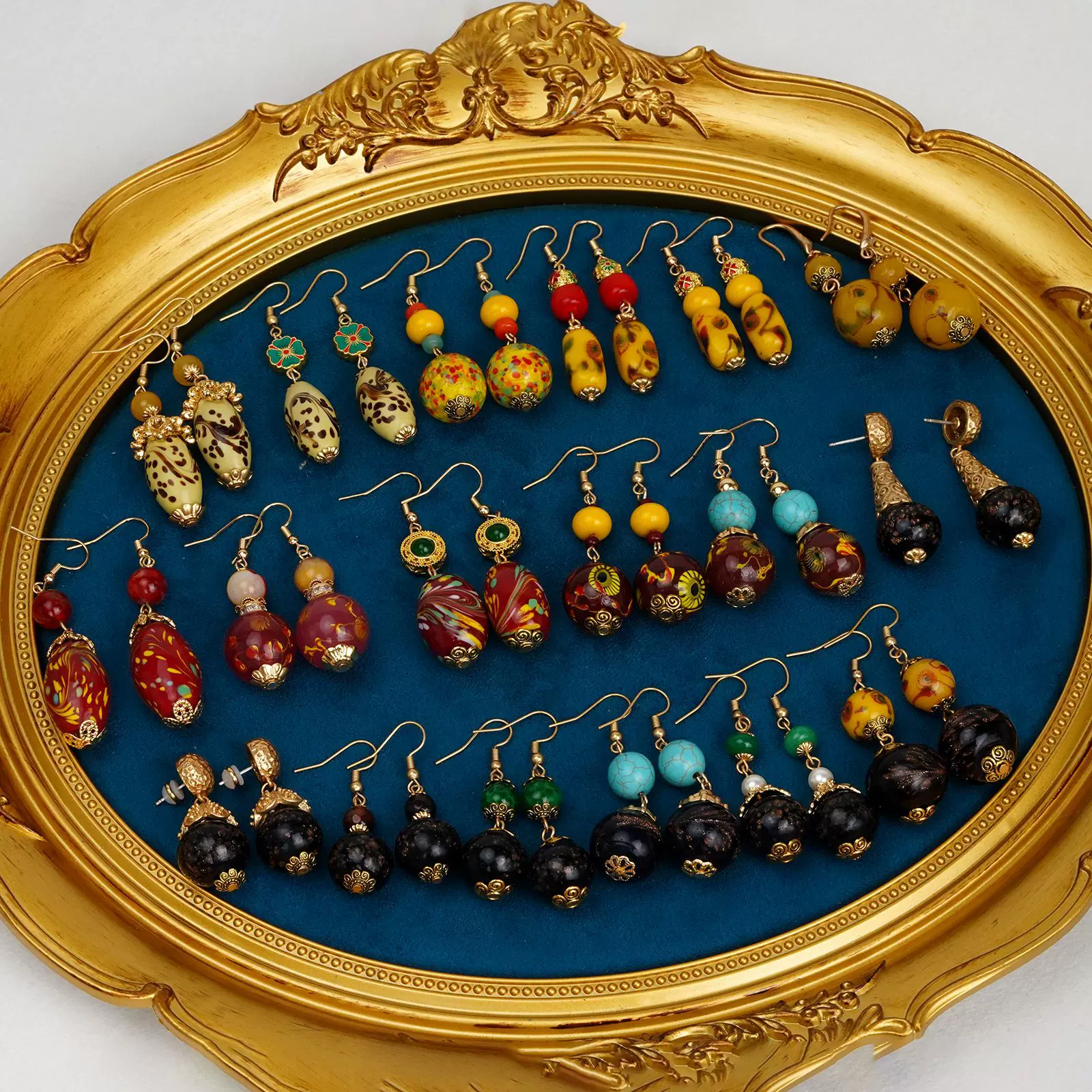 中古Vintage饰品文艺复古不对称爱心耳环彩色琉璃珍珠重工潮耳饰