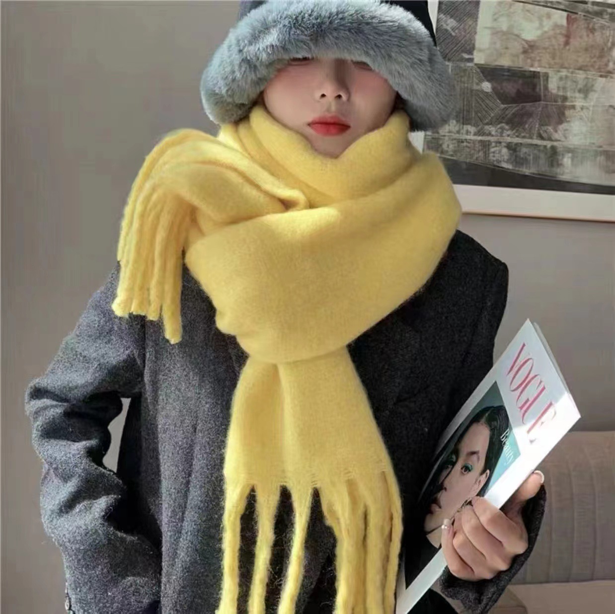 Écharpe en mohair douce et moelleuse de couleur unie pour femme, châle chaud et épais en cachemire polyvalent, nouvelle collection automne hiver_voghion.com