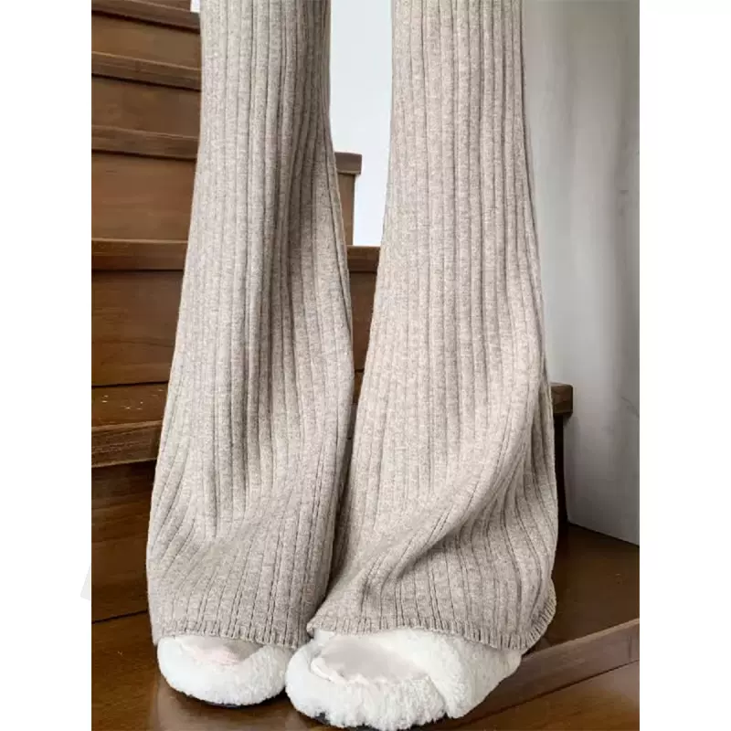 秋冬垂感针织坑条阔腿裤女韩版高腰显瘦直筒裤宽松休闲微喇拖地裤