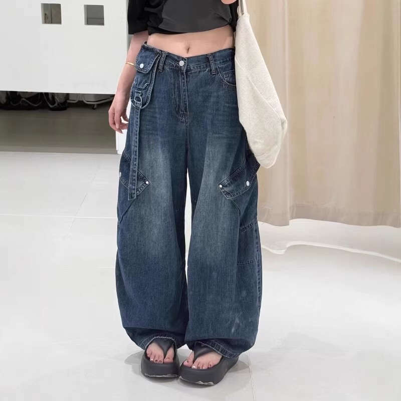 美式设计感工装弯刀牛仔裤女秋季2025新款高腰宽松阔脚休闲拖地裤|undefined