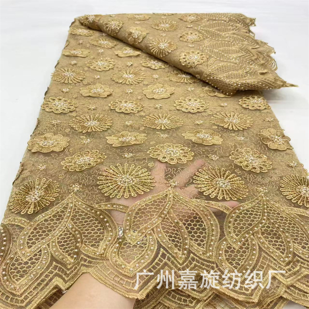 Encaje africano soluble en agua con patrón irregular de cuentas, bordado floral tridimensional, tela de moda, encaje de cordón con cuentas.