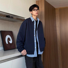 美式假两件卫衣开衫外套男士春秋季cleanfit格子拼接情侣休闲上衣