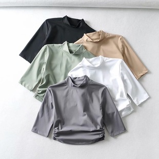 Summer New Side Drawstring Mid-sleeve T-shirt Women's ins European and American Fashion Short Sports Base Shirt Yoga Fitness Top