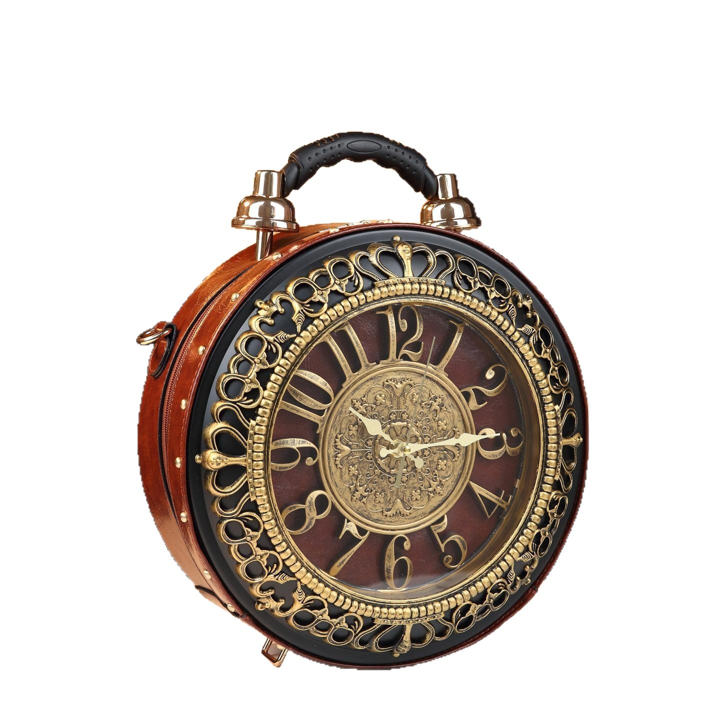 Túi đeo chéo nữ dáng tròn vintage thiết kế mặt đồng hồ độc đáo — màu nâu, đen, màu vàng, xanh lá cây
