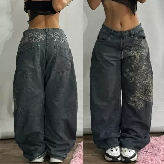 美式复古高街阔腿牛仔裤女春秋新款水洗高腰宽松百搭直筒拖地裤子