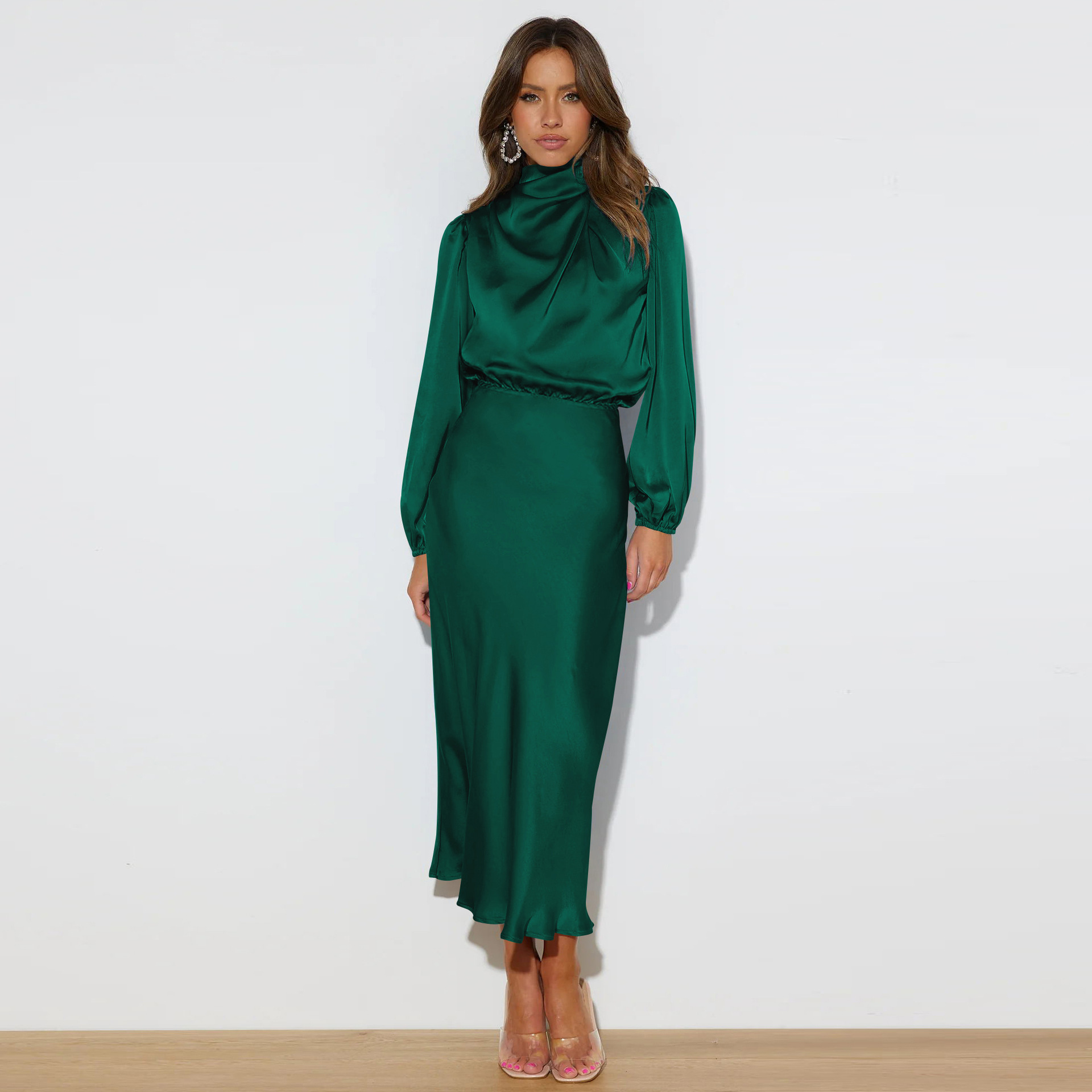 Women's Party Dress Elegant High Neck Long Sleeve Solid Color Midi Dress Banquet display picture 7