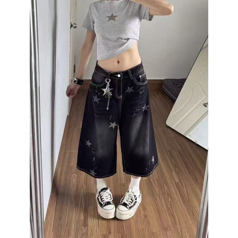 American-style women's black denim cropped jeans, summer 2026 new model, star-printed, loose-fitting, versatile wide-leg mid-length pants