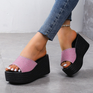 Foreign Trade Large Size Super High Heel Slippers Women's Wedge Slippers Comfortable Wedge Slippers with Cross-border Slippers