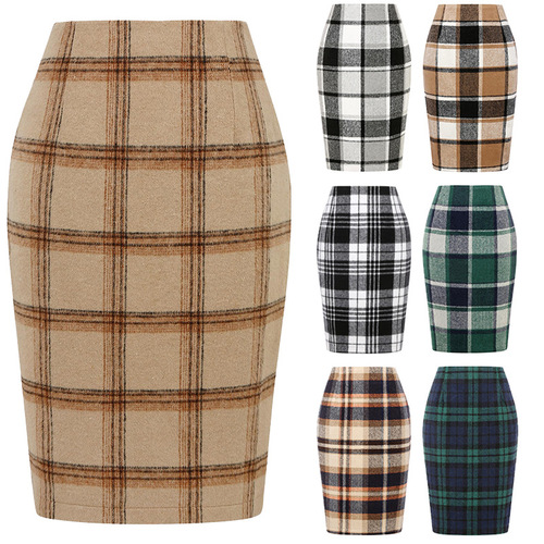 Women's clothing autumn and winter women's pencil plaid skirt, high-waist tight bag, hip and knee middle long dress