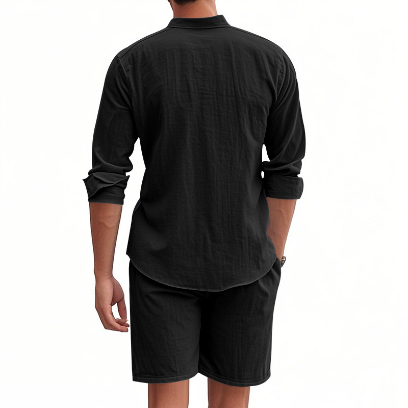 2026 Amazon hombre de verano dos piezas camisa de botón de lino manga larga pantalones cortos cardigan traje de playa casual