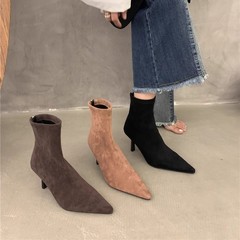 高跟尖头气质绒面瘦瘦短靴女鞋2025年新款秋冬季加绒韩系小踝靴子