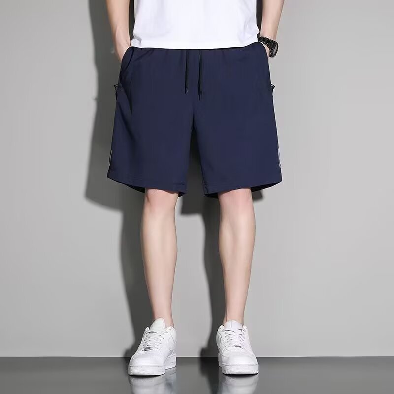 Men's Ice Silk Shorts, Thin Style, Drawstring Elastic Waist, Casual Pants, Affordable Beach Shorts, Zipper Pockets, Five-Point Length, Summer Pants