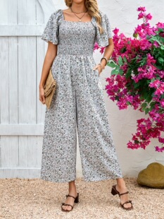N 89008 Square Neck Puff Sleeve Jumpsuit ���I�������B�wѝ