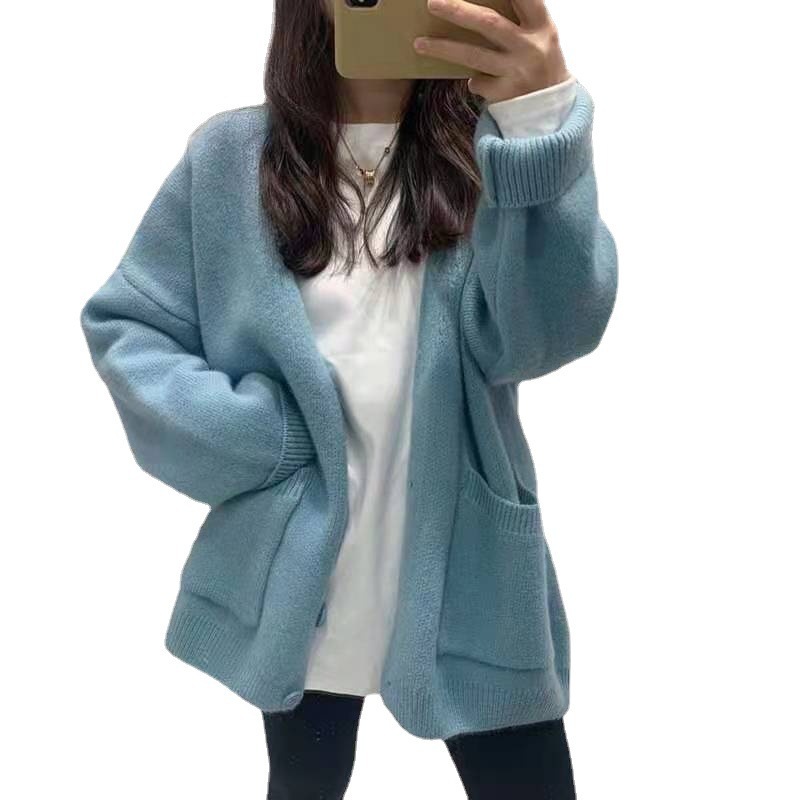 韓国版の女性用の新しいセータージャケット2025春と秋のインターネットセレブルーズスタイルレイジースタイル無地ニットカーディガン秋と冬|undefined