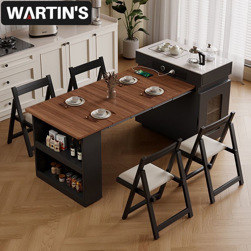Folding Island Dining Table, Extendable Small-Sized Retro Sideboard, Integrated Multi-Functional Island