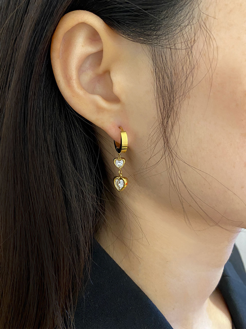Daily Occasion 304 Stainless Steel Material 1 Pair Korean Style Geometric Heart Shape Inlay 304 Stainless Steel Zircon 18K Gold Plated Drop Earrings
