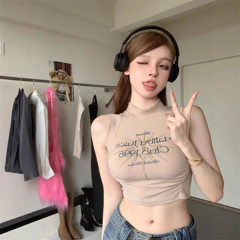 American Half-High Collar Sexy Letter Printed Pleated Sleeveless Vest T-Shirt Women's Navel-Baring Sexy Short Tight Top