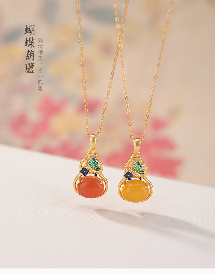 Mặt dây chuyền bạc S925 mạ vàng hình bướm hồ lô đính mã não đỏ và hổ phách — Hồng nước (không kèm dây) chi tiết 2