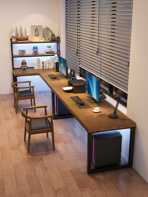 Solid Wood L-shaped Desk Bookshelf Integrated Combination Corner Lightened Study Desk Workbench E-sports Computer Desk